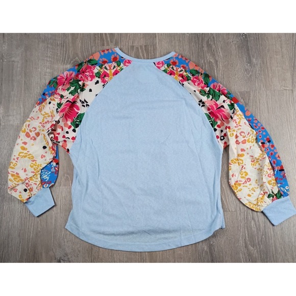 Umgee Mixed Print Long Balloon Sleeve Top Linen Blend Blue Floral Blouse Small - Picture 2 of 9